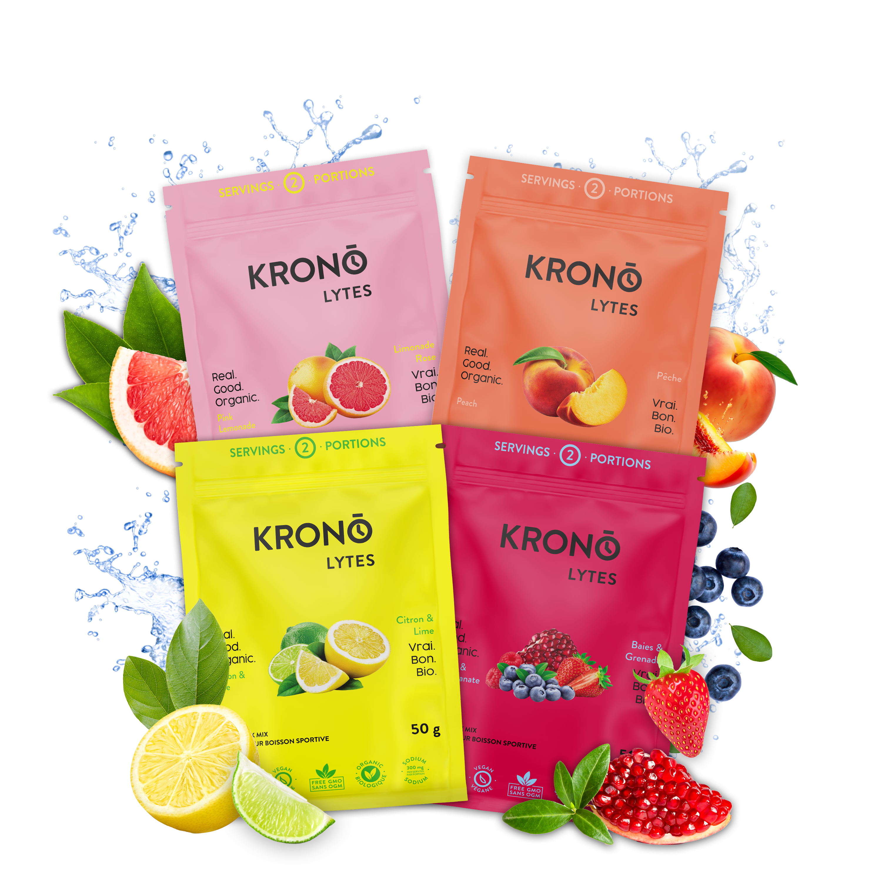 Krono Nutrition variety pack sport drink mixes surrounded by their corresponding ingredients