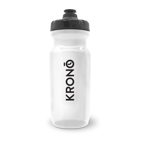 Krono Nutrition clear water bottle, front view