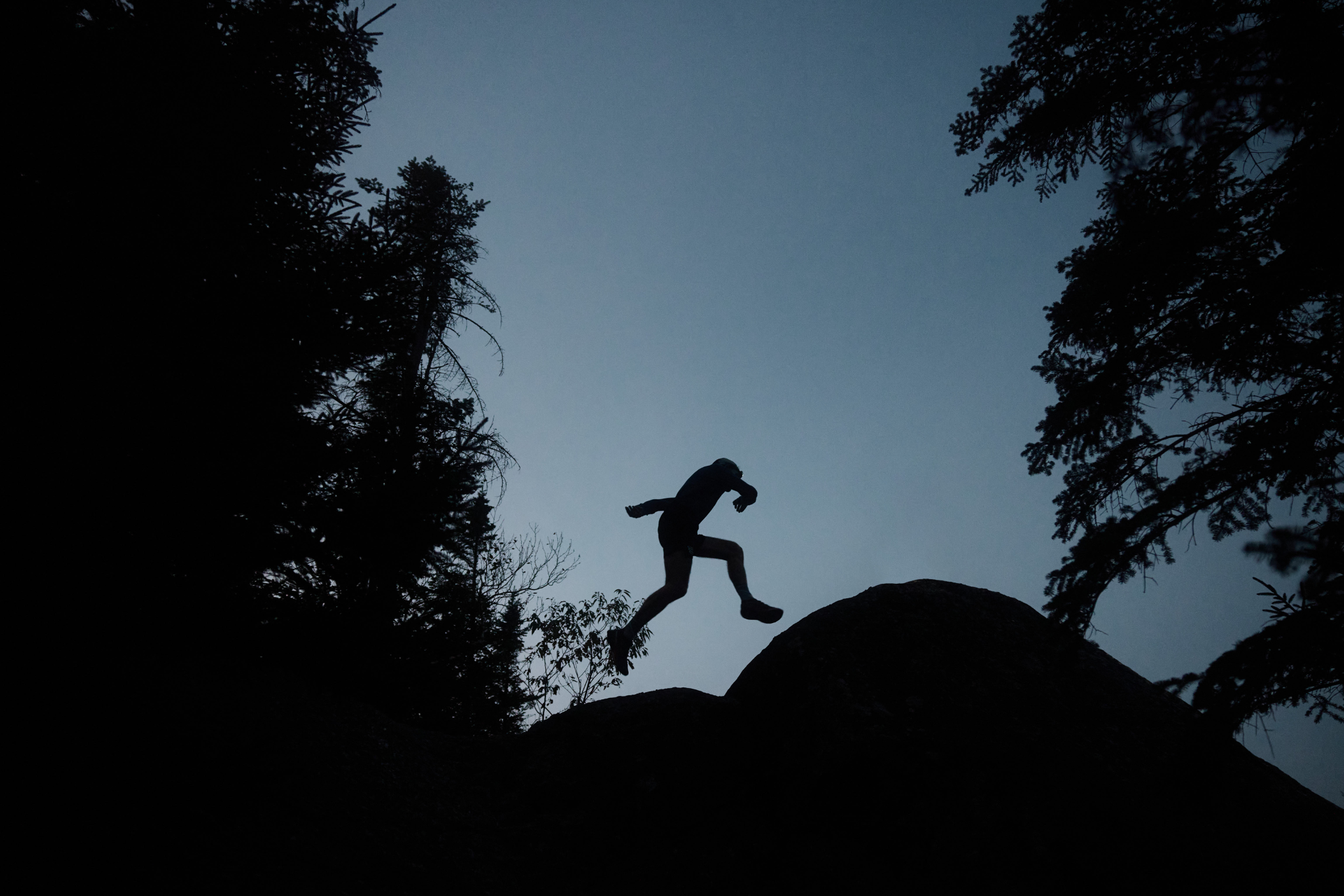 Silhouette of a person jumping between trees against a dark blue sky