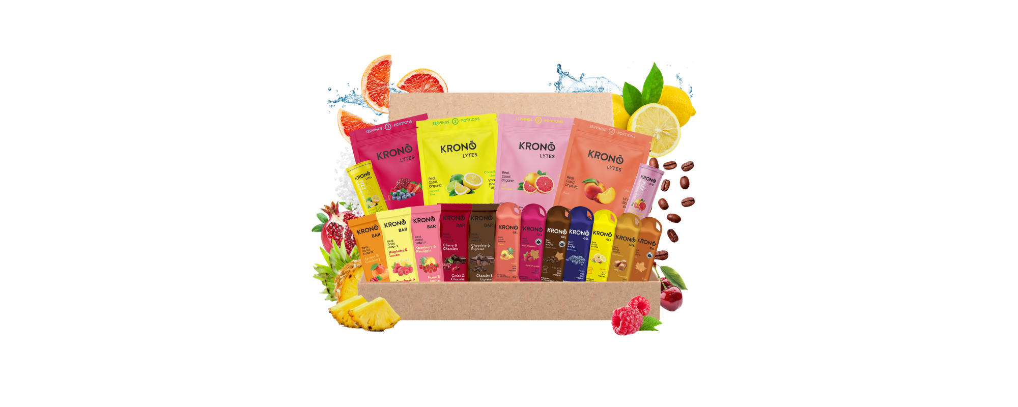 Assorted fruit snacks in a box with colorful packaging on a white background