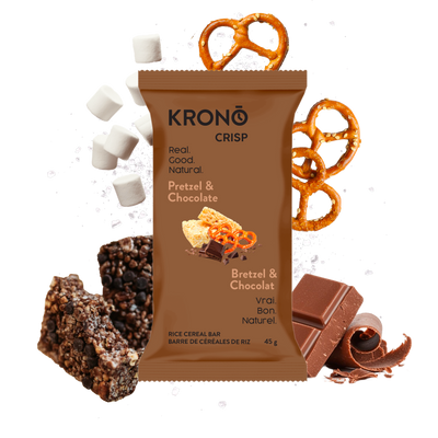 Kronö Crisp Pretzel & Chocolate rice cereal bar packaging with pretzels and chocolate pieces on a white background