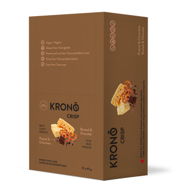 Kronö Crisp pretzel & chocolate energy rice cake packaging on a white background