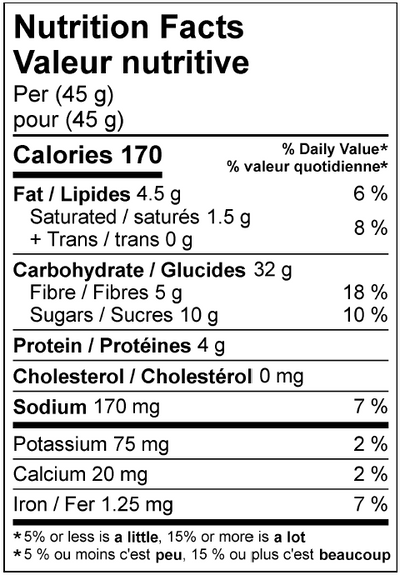 Nutrition facts label for a food product showing calories, macronutrients, and micronutrients per serving.