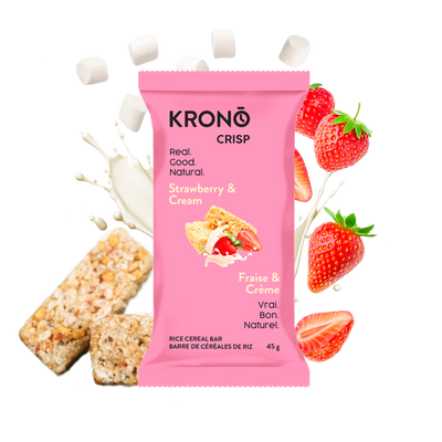 Pink package of Krono Crisp Strawberry & Cream rice cereal bar with strawberries and milk on a white background