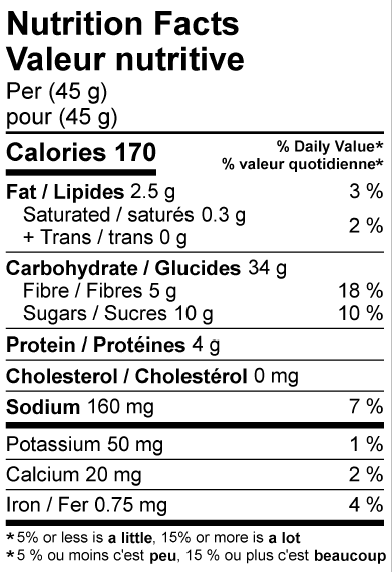 Nutrition facts label for a food product showing calories, macronutrients, and micronutrients per serving.