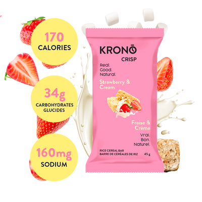 Krono Crisp Strawberry & Cream rice cereal bar with nutritional information on a white background