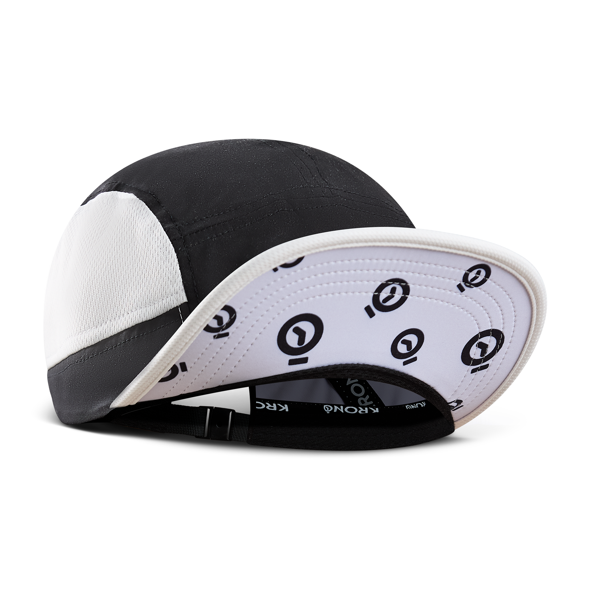 Krono Nutrition black and white cap, front view, brim up