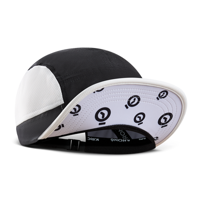 Krono Nutrition black and white cap, front view, brim up