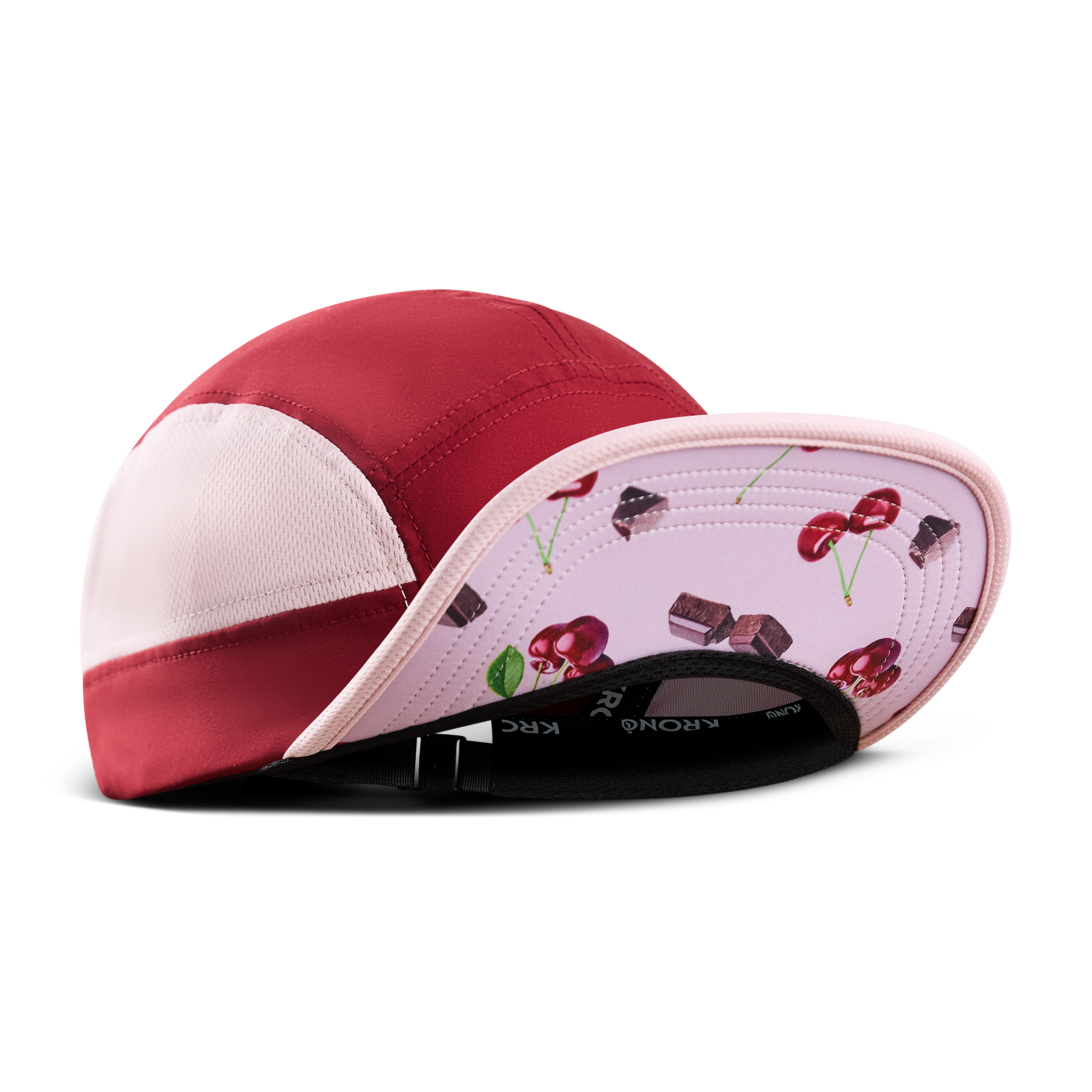 Krono Nutrition cherry chocolate cap, front view, brim up