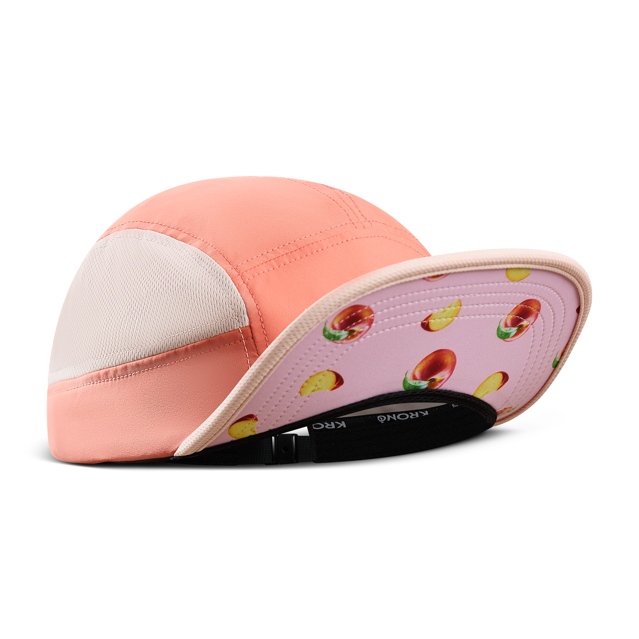 Krono Nutrition peach cap, front view, brim up