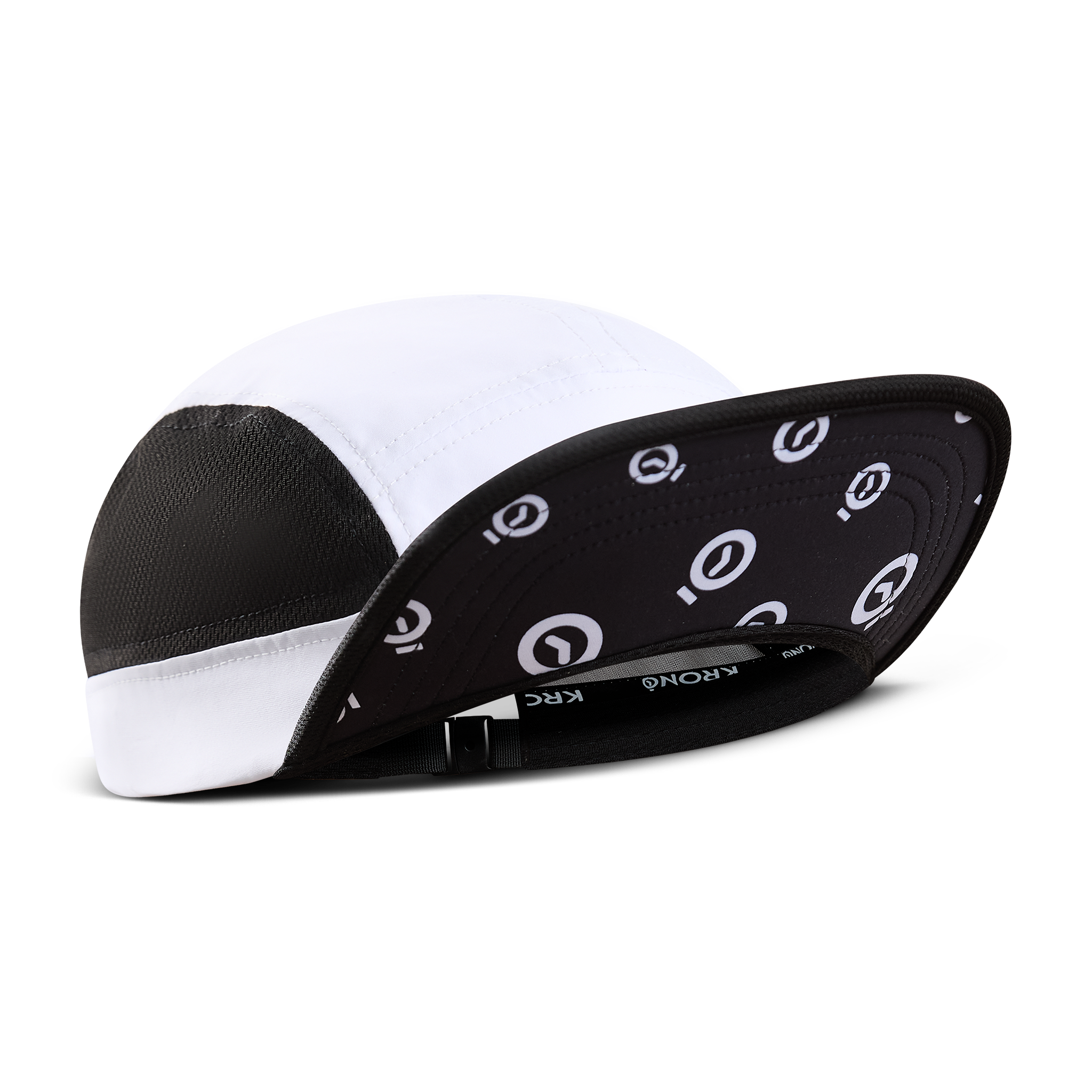 Krono Nutrition white and black cap, front view, brim up