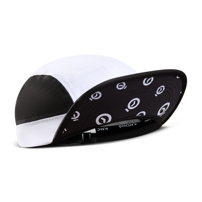 Krono Nutrition white and black cap, front view, brim up