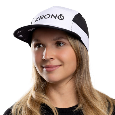 Woman wearing Krono Nutrition white and black cap
