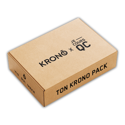 Krono Nutrition discovery box Je cours Québec with the writing "TON KRONO PACK" on the front of the cardboard box.