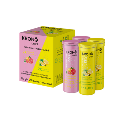 Krono Nutrition pink lemonade and lemon and lime effervescent tablets, variety pack, in a box of 4 tubes