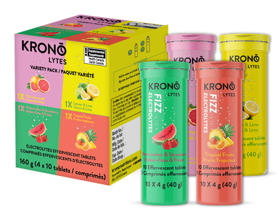 Krono Nutrition variety pack effervescent tablets, in a box of 4 tubes, 1 tube per flavor