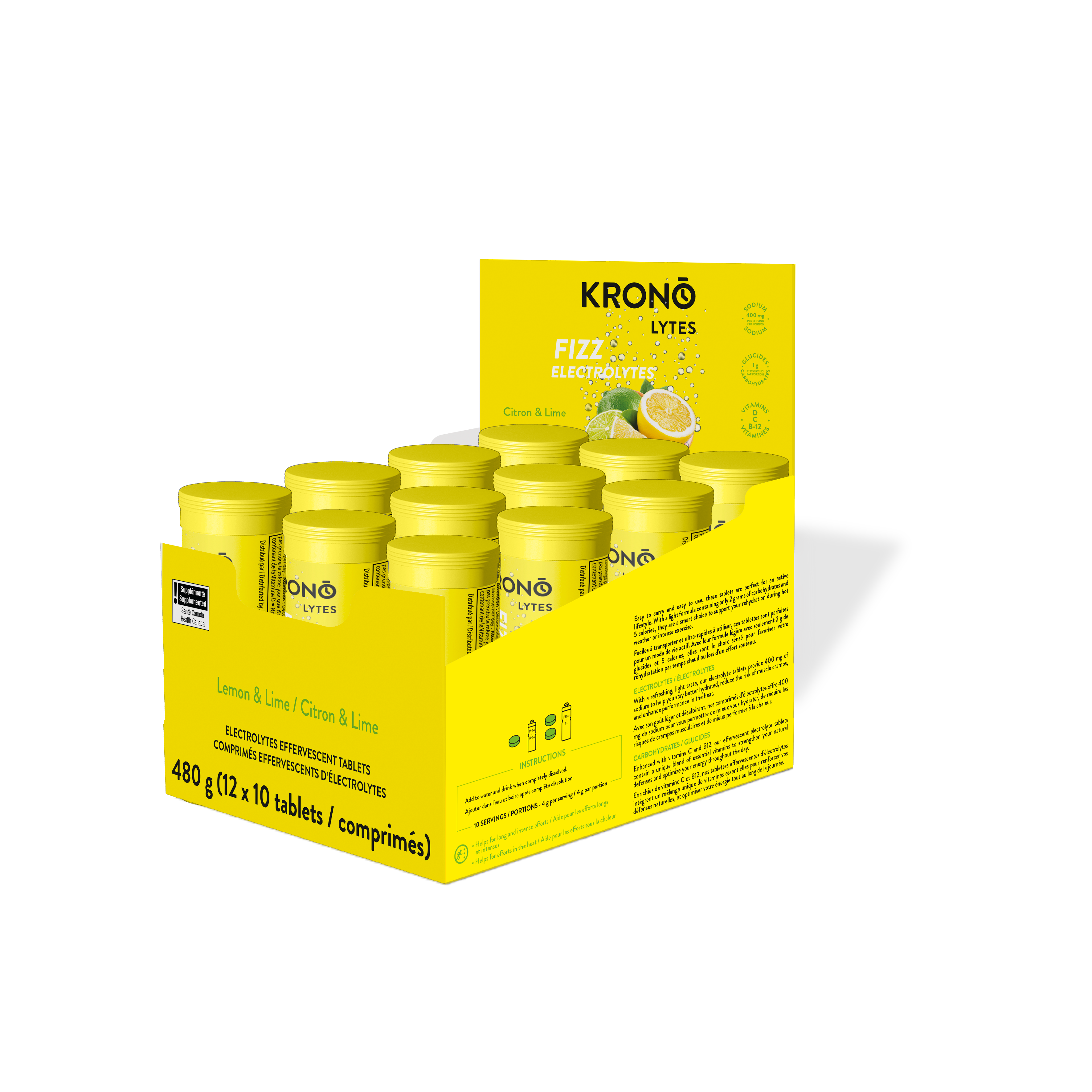 Krono Nutrition lemon and lime effervescent tablets, in a box of 12 tubes