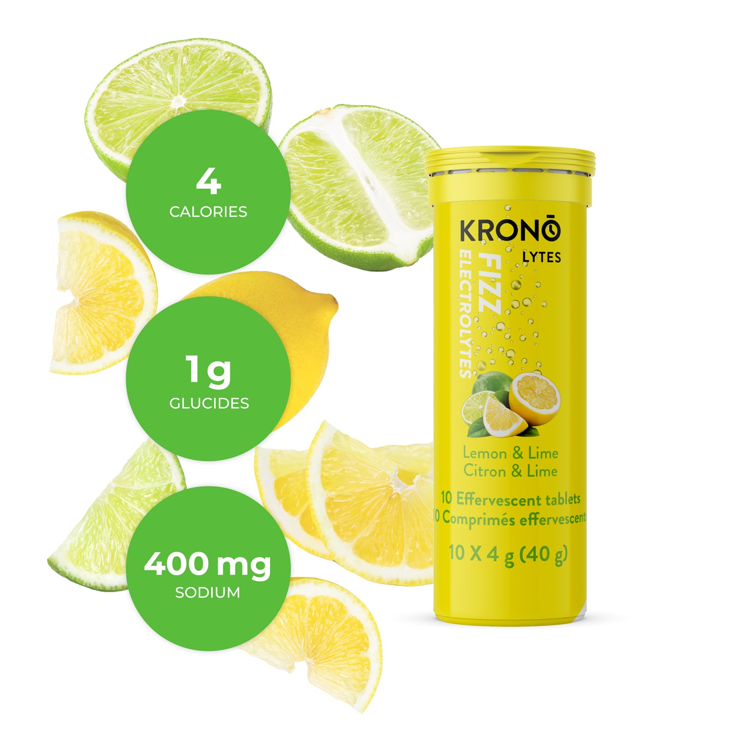 Krono Nutrition lemon and lime effervescent tablets, composition with lemons and limes in the background