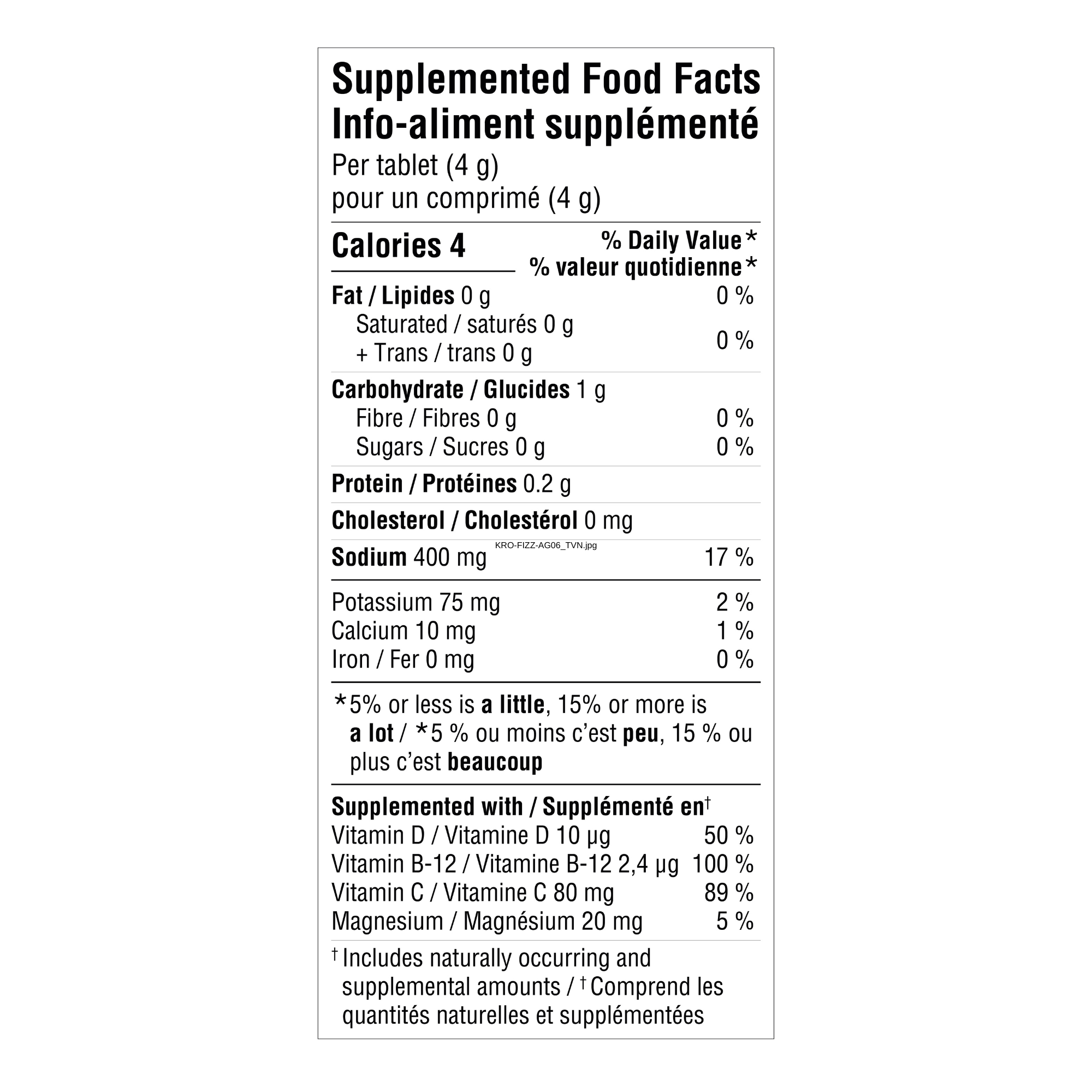 Nutrition facts for Krono Nutrition lemon and lime effervescent tablets
