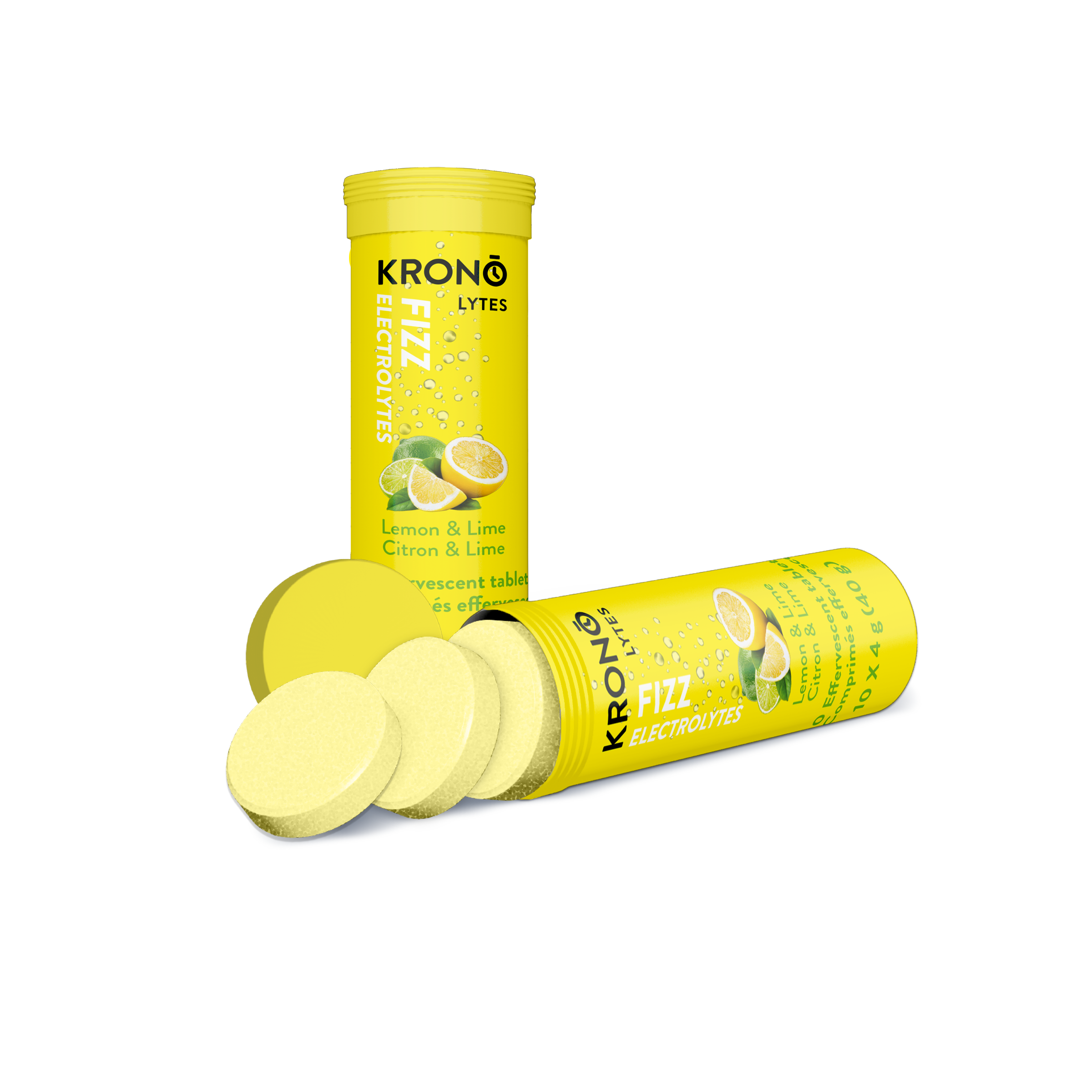 Krono Nutrition lemon and lime effervescent tablets, open with a few tablets coming out of the tube