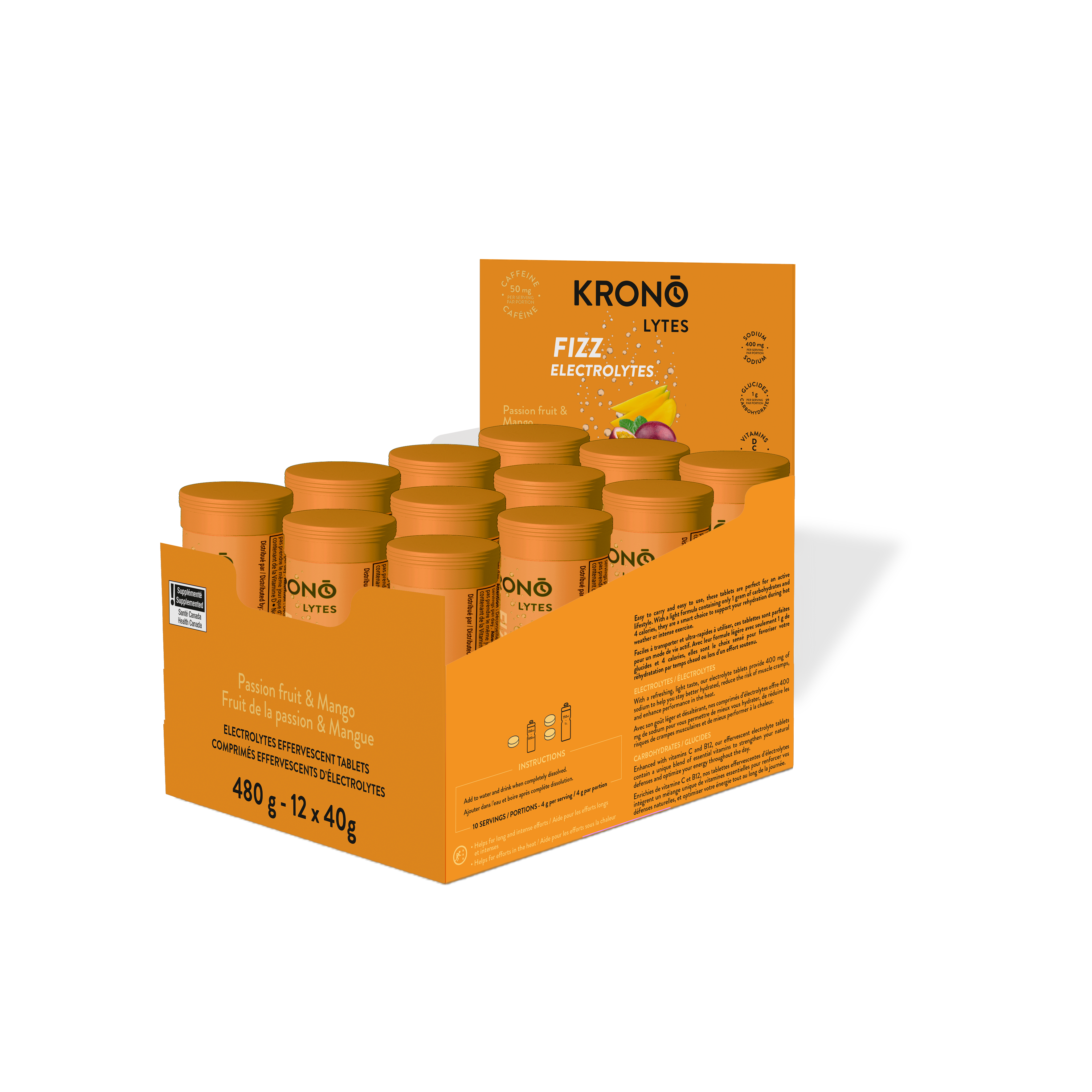 Krono Nutrition passion fruit and mango effervescent tablets, in a box of 12 tubes