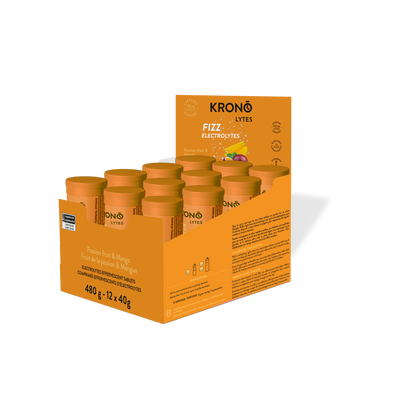 Krono Nutrition passion fruit and mango effervescent tablets, in a box of 12 tubes