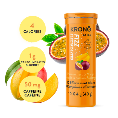 Krono Nutrition passion fruit and mango effervescent tablets, composition with passion fruits and mangoes in the background