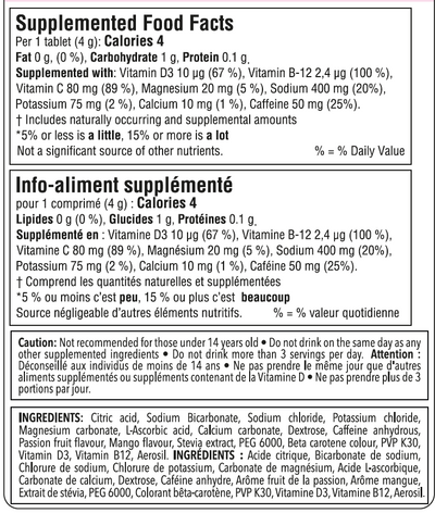 Nutrition facts for Krono Nutrition passion fruit and mango effervescent tablets