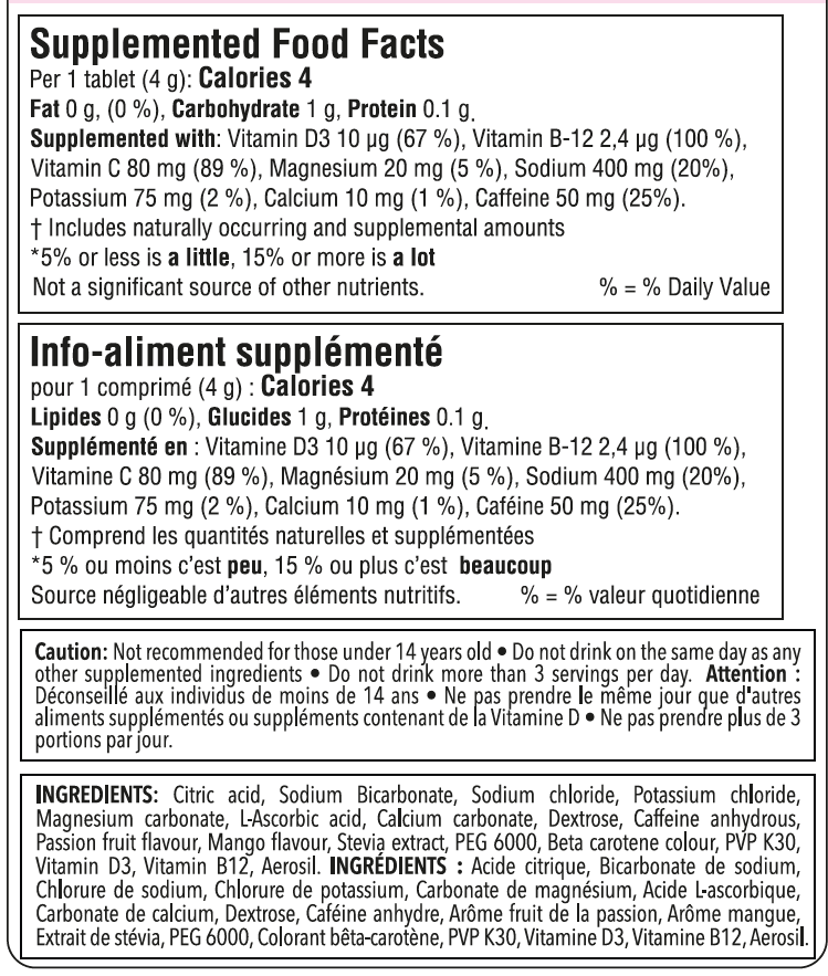 Nutrition facts for Krono Nutrition passion fruit and mango effervescent tablets