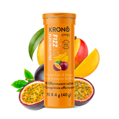 Krono Nutrition passion fruit and mango effervescent tablets, passion fruits and mangoes in the background