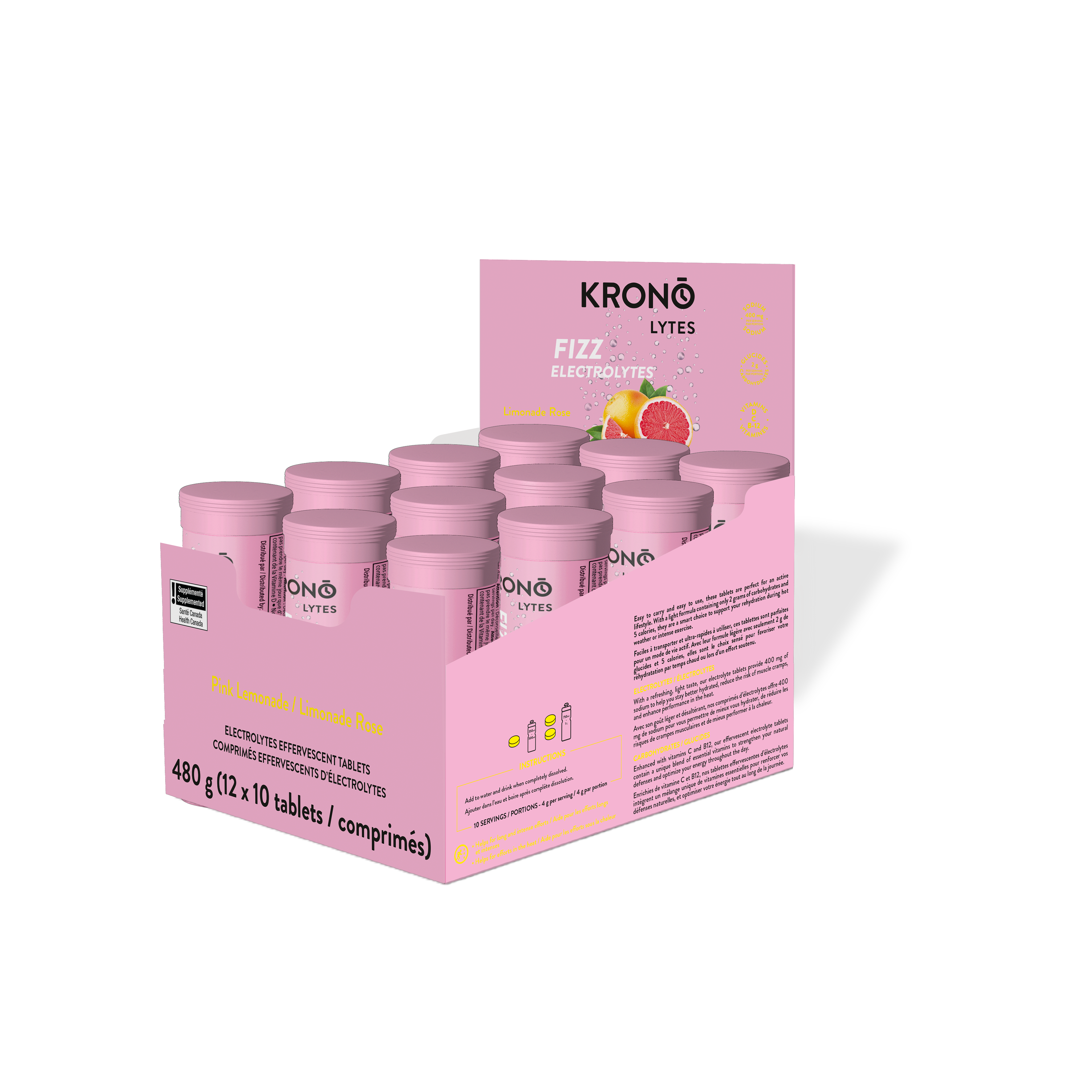 Krono Nutrition pink lemonade effervescent tablets, in a box of 12 tubes