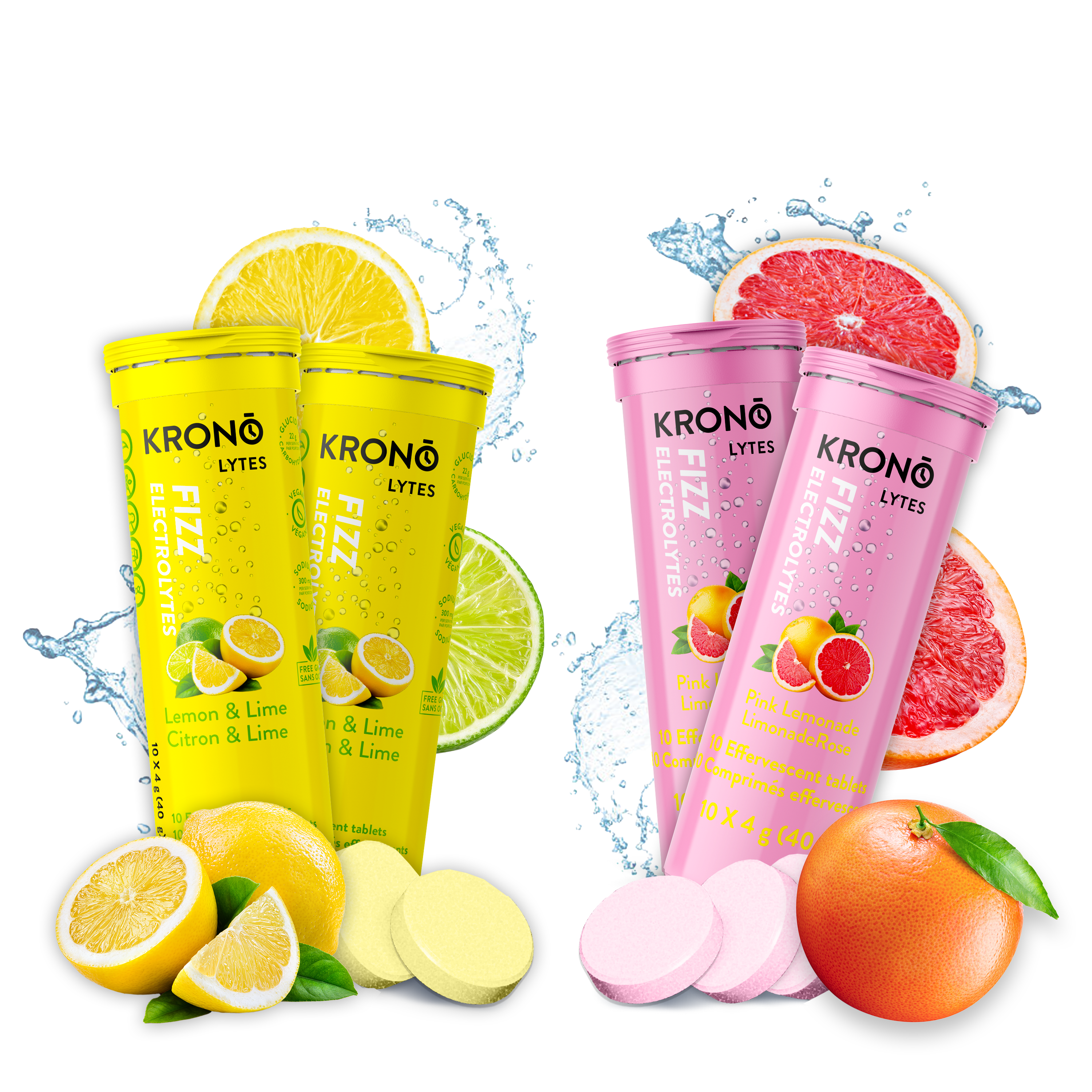 Krono Nutrition pink lemonade and lemon and lime effervescent tablets, surounded by their ingredients and tablets