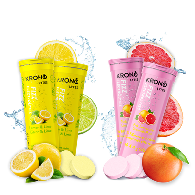 Krono Nutrition pink lemonade and lemon and lime effervescent tablets, surounded by their ingredients and tablets