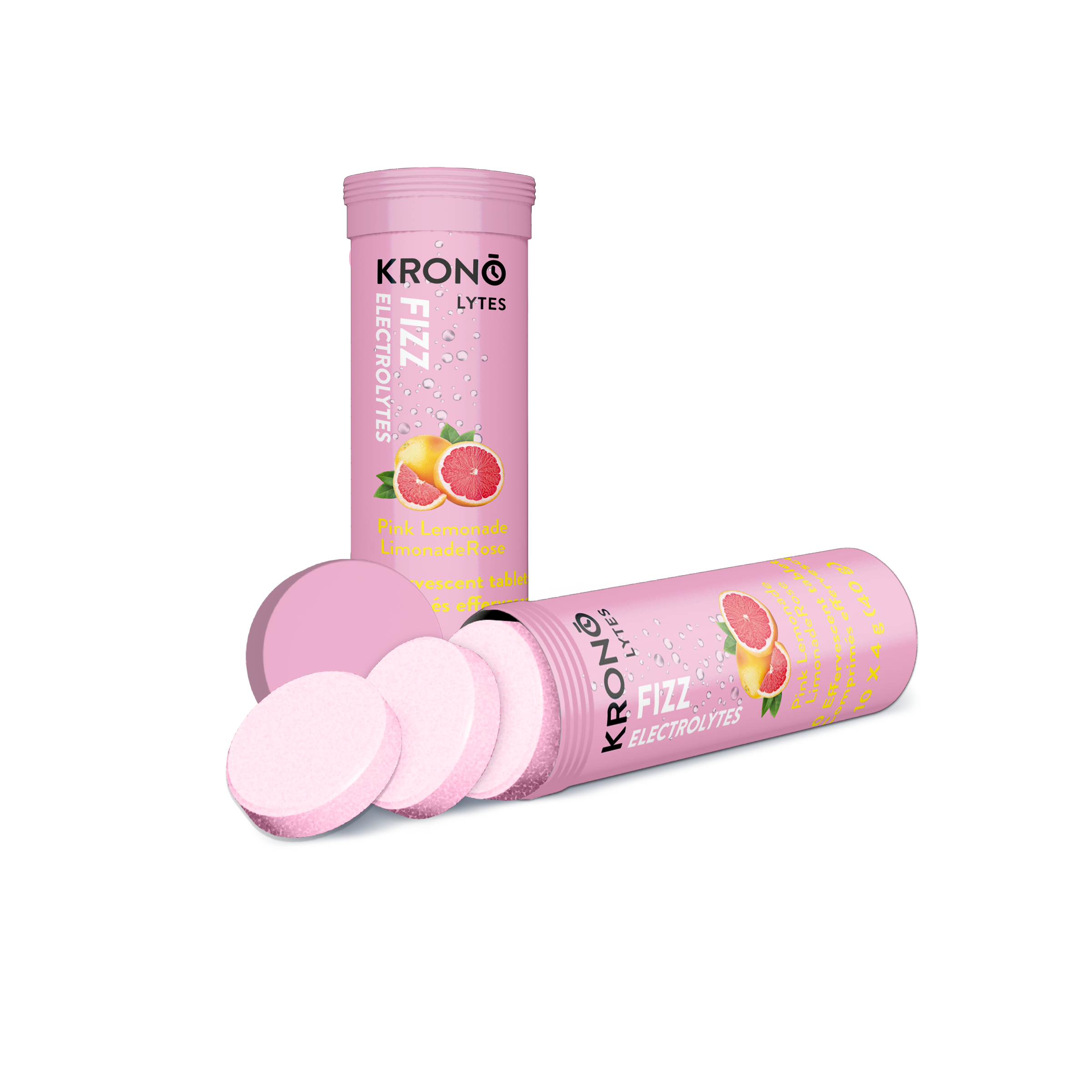Krono Nutrition pink lemonade effervescent tablets, open with a few tablets coming out of the tube