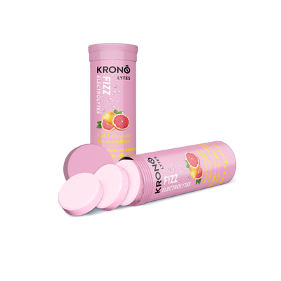 Krono Nutrition pink lemonade effervescent tablets, open with a few tablets coming out of the tube