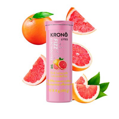 Krono Nutrition pink lemonade effervescent tablets, grapefruits in the background