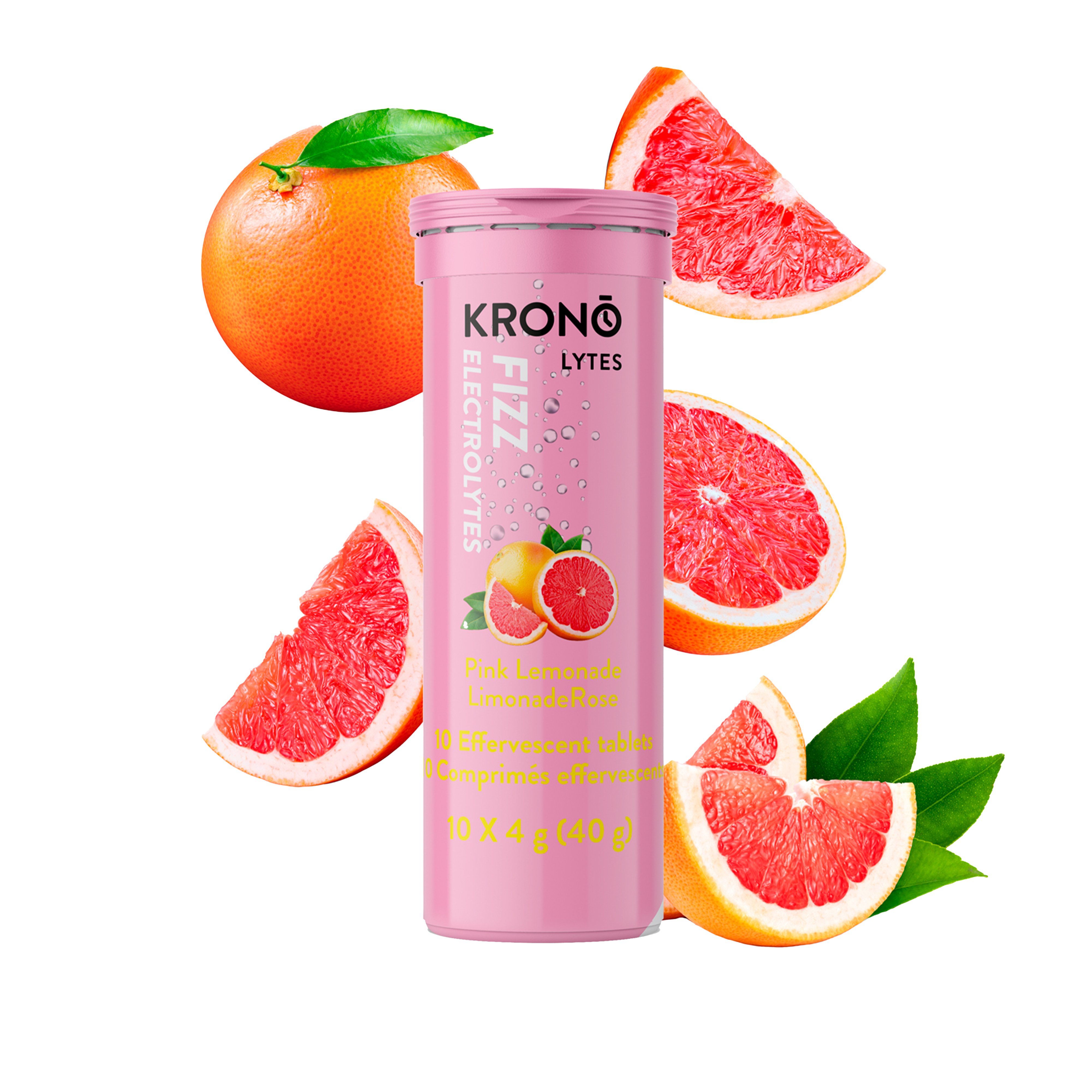 Krono Nutrition pink lemonade effervescent tablets, grapefruits in the background