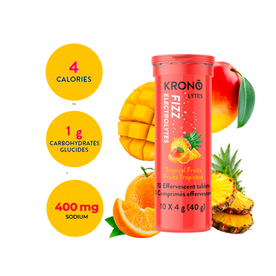 Krono Nutrition tropical fruits effervescent tablets, composition with assorted tropical fruits in the background