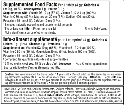 Nutrition facts for Krono Nutrition tropical fruits effervescent tablets