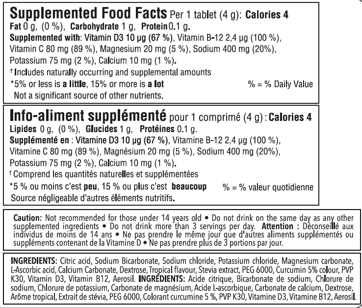 Nutrition facts for Krono Nutrition tropical fruits effervescent tablets