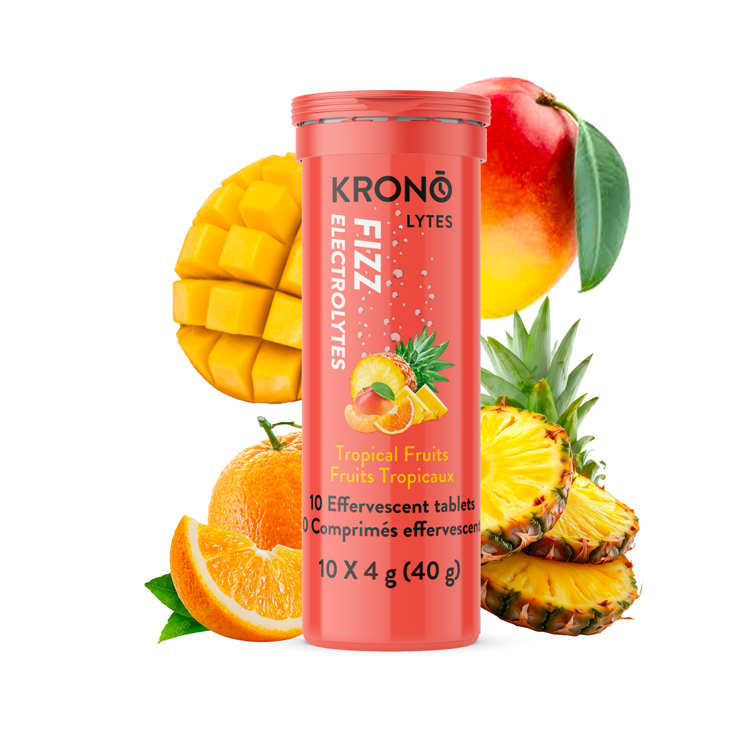 Krono Nutrition tropical fruits effervescent tablets, assorted tropical fruits in the background