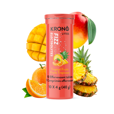 Krono Nutrition tropical fruits effervescent tablets, assorted tropical fruits in the background