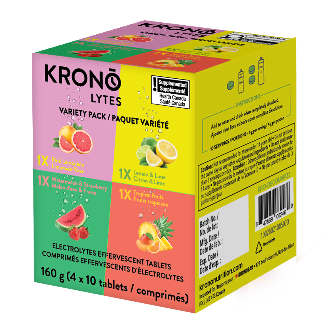 Krono Nutrition variety pack effervescent tablets, in a box of 4 tubes, 1 tube per flavor