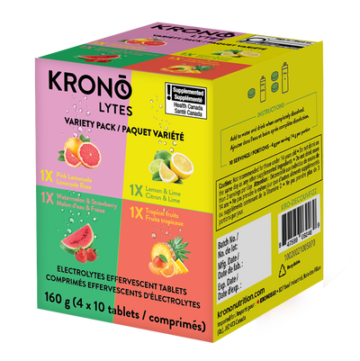 Krono Nutrition variety pack effervescent tablets, in a box of 4 tubes, 1 tube per flavor