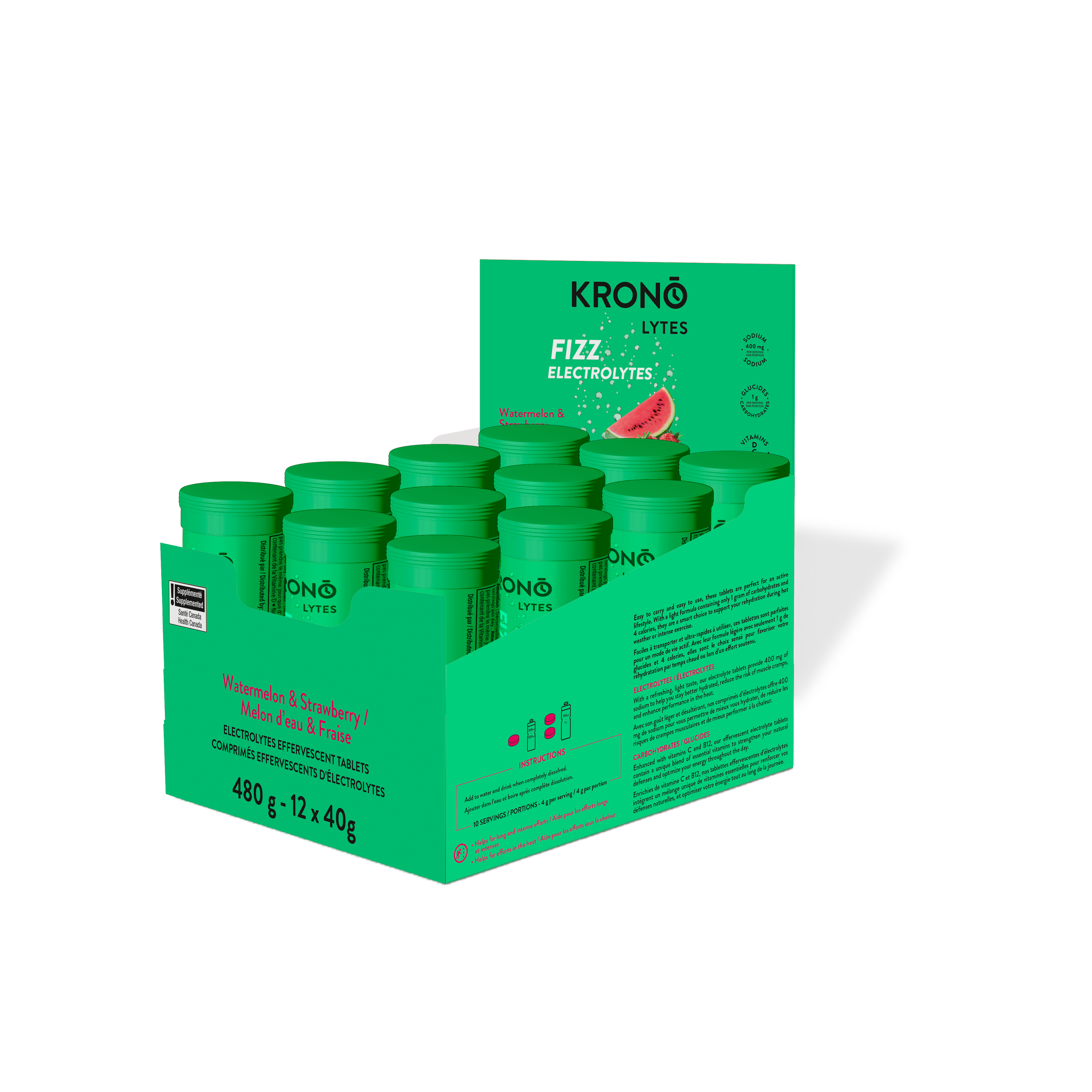 Krono Nutrition watermelon and strawberry effervescent tablets, in a box of 12 tubes