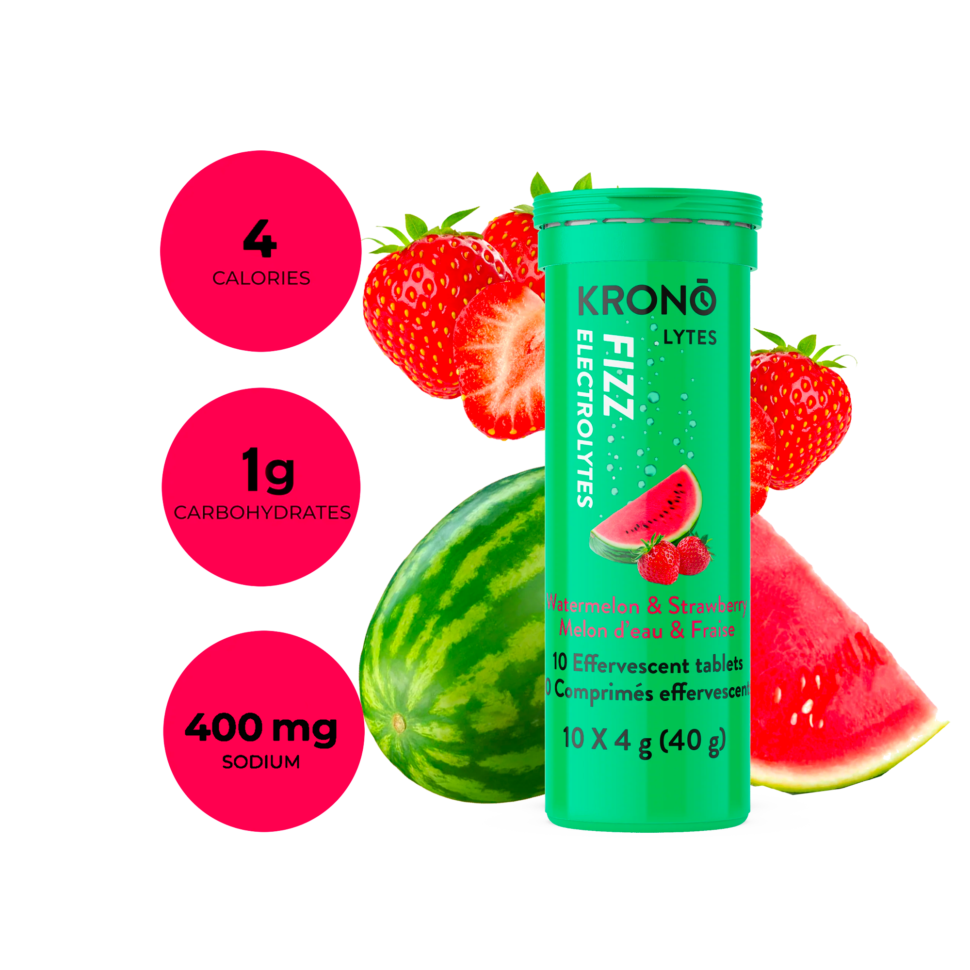 Krono Nutrition watermelon and strawberry effervescent tablets, composition with watermelons and strawberries in the background