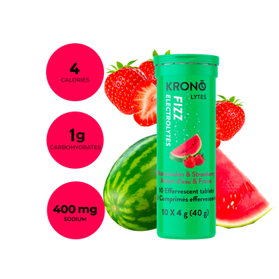 Krono Nutrition watermelon and strawberry effervescent tablets, composition with watermelons and strawberries in the background