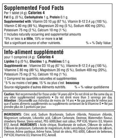 Nutrition facts for Krono Nutrition watermelon and strawberry effervescent tablets