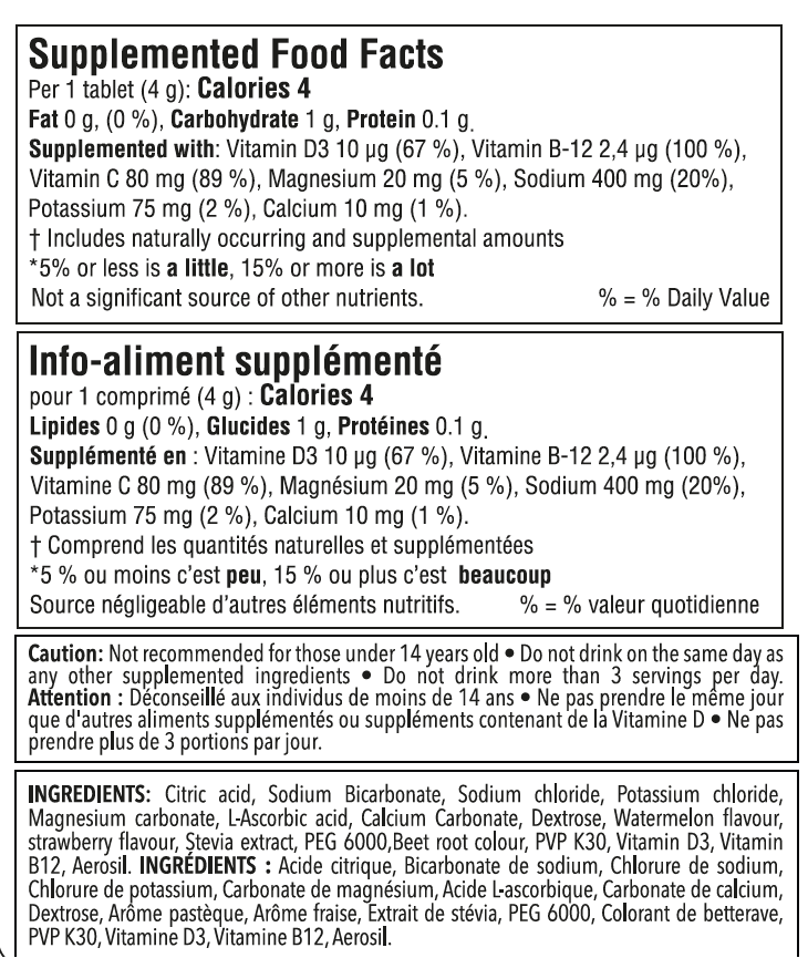 Nutrition facts for Krono Nutrition watermelon and strawberry effervescent tablets