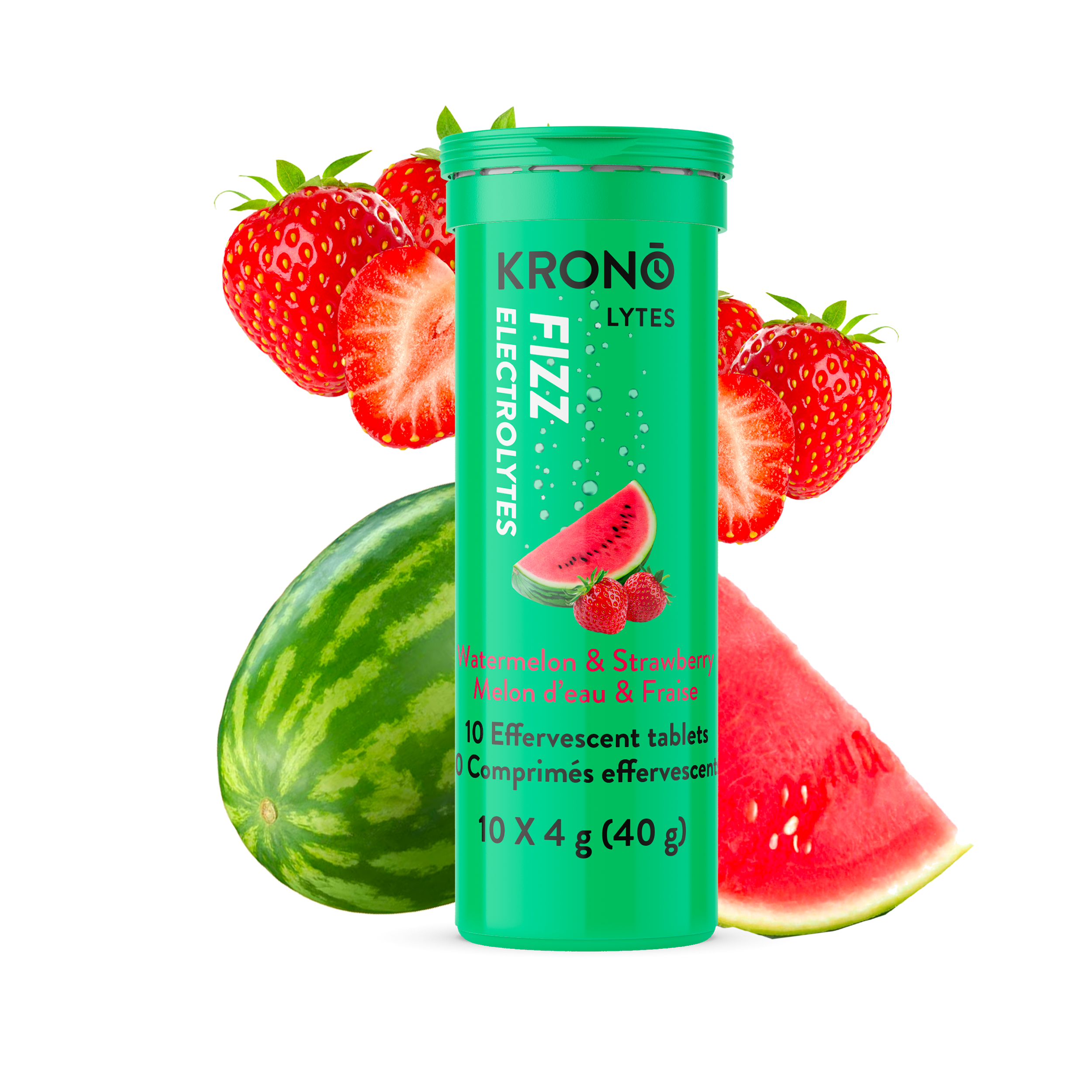 Krono Nutrition watermelon and strawberry effervescent tablets, watermelons and strawberries in the background